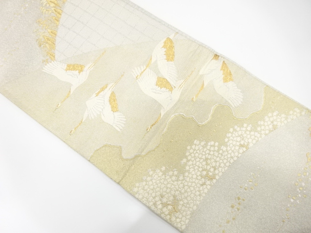 小花に群鶴模様織り出し　袋帯